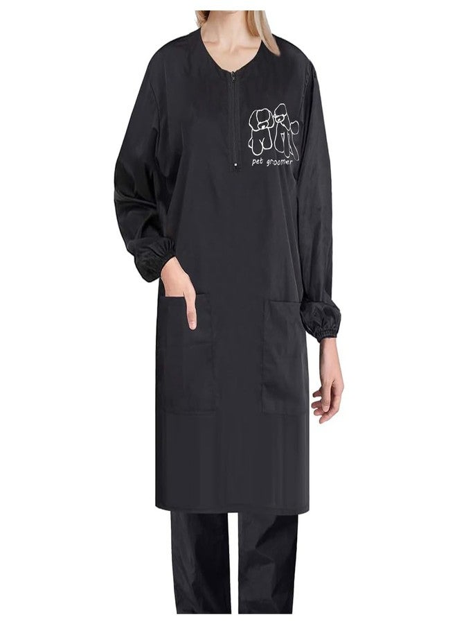 EHERDM Waterproof Pet Grooming Smock with Zipper Long Sleeves Pet Grooming Work Clothes with Two Pockets Dog Cosmetologist Uniforms Smocks for Women Men Poodle L - Image 1